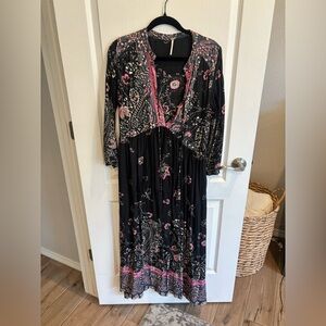Free People Bo-Ho Dress Floral Black and Pink Maxi Dress Size Small